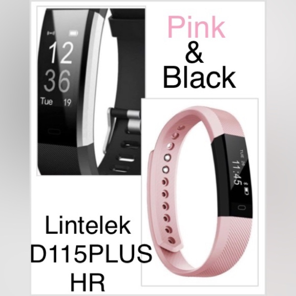 Lintelek ID115Plus HR Fitness Tracker, Pink + Black Bands, Heart Rate Tracker +